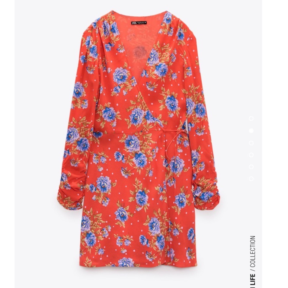 ZARA NEW FLORAL WRAP DRESS RED SIZE S